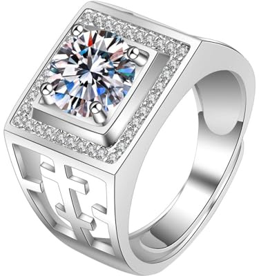 Mesnt Ring Weißgold Diamant, 14 Karat Weißgold Ring für Herren Siegelring Quadrat mit im Labor hergestelltem Diamanten, Größe 57 (18.1)