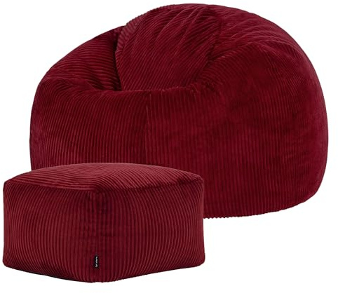 Icon Kingston Sitzsack mit Hocker Cord, Burgund, Sitzsack Erwachsene mit Füllung, Bean Bag, Cord Sessel, Lounge Sessel, Lounge Stuhl, Schlafzimmer, Wohnzimmer, Wohnzimmer Möbel