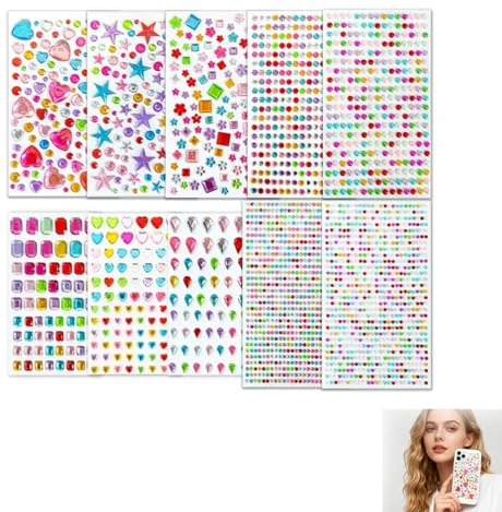 10 Blätter 3D Aufkleber Sterne, Glitzer Sticker zum Basteln Glitzersteine Selbstklebend Aufkleber kinder Kristall Stern Diamant Rund Liebe Gestalten für Handwerke Fotorahmen Grußkarten Scrapbook