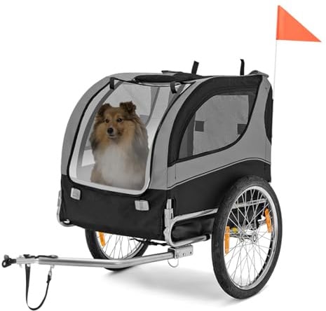COSTWAY Hundeanhänger für Fahrrad, bis 40 kg belastbar, Fahrradanhänger für kleine & mittelgroße Hunde, Stabiler Hundebuggy mit 8 Reflektoren, Klappbarer Hundefahrradanhänger, Oxford (Grau)