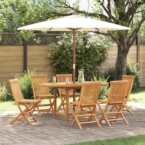 IBUQDDV 7-TLG. Garten-Essgruppe aus Massivholz Teak mit 6 Stühlen und ovalem Tisch, Outdoor Set für Terrasse und Garten, Faltbare Sitzgruppe aus wetterfestem Teakholz für stabile