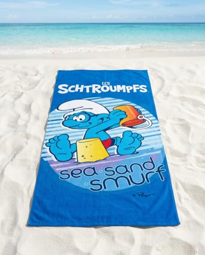 Aymax, Strandtuch für Kinder, die Schlümpfe, 70 x 140 cm, 100 % Polyester | Sea Sand Smurf Blau | Offizielles Lizenzprodukt Smurfs