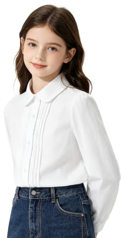 LOLANTA Camicia da Bambina con Colletto Peter Pan e Maniche Lunghe a Sbuffo | Tinta unita, tessuto elasticizzato e antimacchia, ideale per occasioni eleganti, formali o per l'uso quotidiano