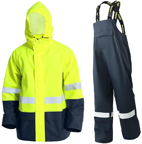 Men's Hi Vis Waterproof Workwear, 3-Piece Rain Suit Set | Hi-Vis Reflective, Hooded Jacket & Bib Trousers, Storm Flap, Adjustable Braces, Work Safety, Fishing, Outdoor Use