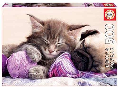 Educa 17644, Beste Freunde, 500 Teile Puzzle für Erwachsene und Kinder ab 10 Jahren, Tierpuzzle, Katze, Welpe, Hund