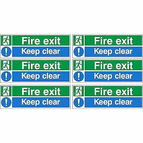 Pack of 6 Fire Exit Keep Clear Signs 300mm x 100mm - Self Adhesive