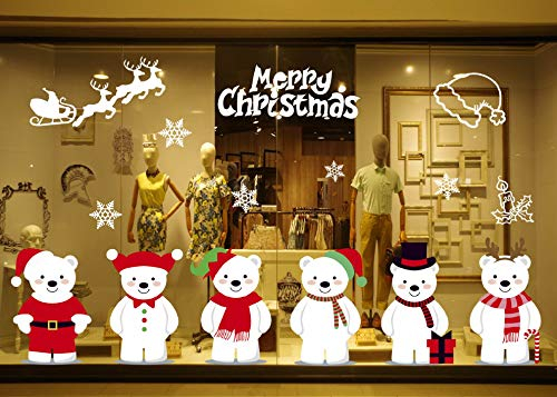 heekpek Sticker Noël pour Fenêtre Vitrine Vitre Morrir de Famille Boutique DIY Sticker Autocollant Mural 6 Ours Flocon De Neige