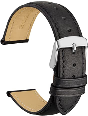 WOCCI 21mm Vintage Leder Uhrenarmband mit Edelstahl Silber Schließe (Schwarz)