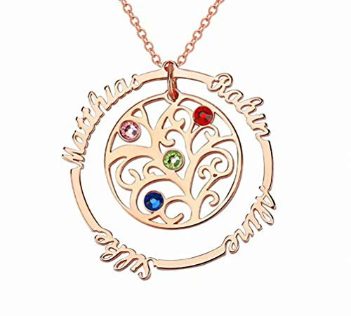 Collier 4 Prenom Personnalisé Pendentif Arbre de Vie Anneau Rond Gravé avec Nom Initiale