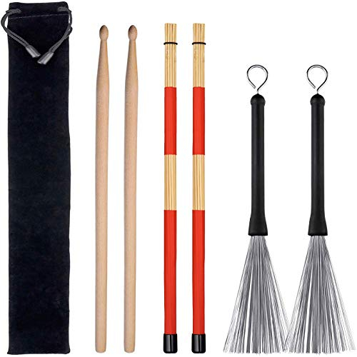 Drumsticks Set, 1 Paar Drumsticks Drahtbürsten einziehbare DrumstickBürste, 1 Paar Stäbe Trommelbürsten und 1 Paar 5A Klassische Ahornholz Drumsticks für Jazz Folk Akustik Musik Liebhaber Geschenk