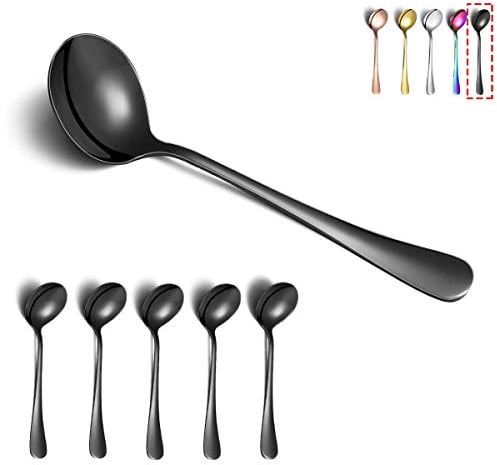 Cucharas de sopa negras, Kyraton cucharas redondas de acero inoxidable de 6 piezas con revestimiento de titanio negro, cuchara de cena, cuchara de mesa, cucharas aptas para lavavajillas Juego de 6