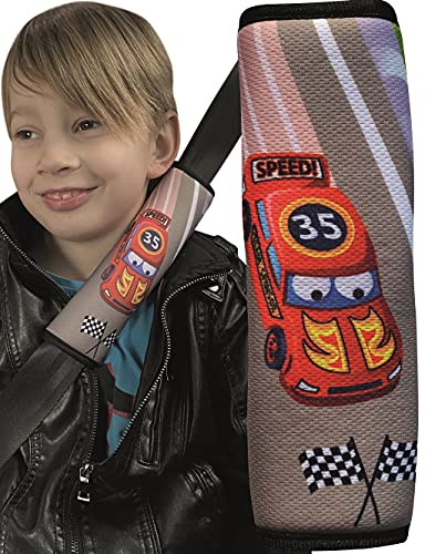 HECKBO 1x Kinder Auto Gurtpolster Gurtschutz mit Rennauto Motiv - Sicherheitsgurt Polster für Kinder und Babys- Ideal für jeden Gurt Autositzerhöhungen Kinder Fahrradanhänger Flugzeug