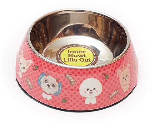 Pet London Picnic Character Dog Bowl-with lift out stainless steel inner bowl, machine washable, great for puppy or adult dog (Pink)
