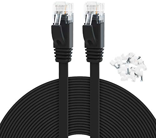 Yauhody Cable de Red Cat6 7.6m, 1 Gbps de Alta Velocidad Sólido Plano Cat 6 Ethernet Cable, Gigabit Internet, RJ45 Cables de Conexión LAN con Clips de Cable, para Módem, Router, PC, TV, PS5 (Negro)