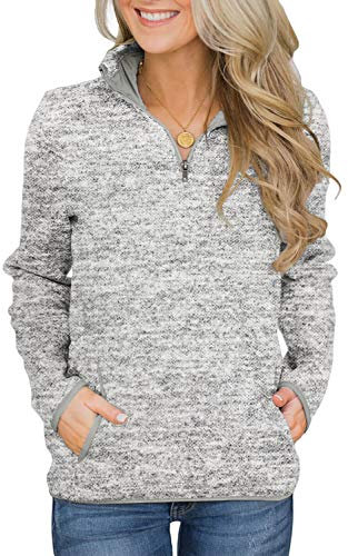 Magritta Women Quarter Zipper Long Sleeve Tops with Two Pockets Stand Collar Pullover Sweatshirt LightGray Large