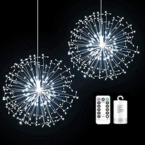 2 Pack 150 LED Firework Fairy String Lights, 8 Modes Function with Remote Control, Battery Operated Hanging Starburst Light, Waterproof Decorative Lights for Christmas, Parties, Home (White)