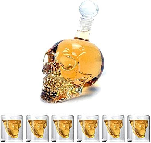 Whiskey Decanter Set Skull Wine Whiskey Vodka Glasses Set Skull Glass Wine Decanter And Glasses Set With Double-Walled Design With Stopper With 6 75ML Whiskey Glasses For Home Party Bar