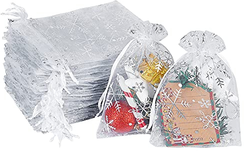 YQL 100 Stücke Organzasäckchen Weihnachten, Weiß Schneeflocke Organzasäckchen 10x15cm, Kleine Säckchen mit Kordelzug, Geschenksäckchen Klein für Weihnachtsseife, Schmuck, Süßigkeiten, Schokoladentaler