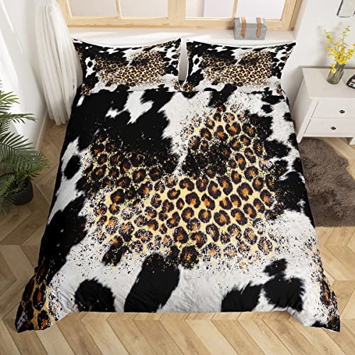 Loussiesd Kuhfell Drucken Betten Set Leopard Bettwäsche Set 135x200cm für Jungen Bauernhaus Tierhaut Bettbezug Set Rinderfell Schwarz Braun Beige Weich Atmungsaktive Raumdekoration mit 1 Kissenbezug