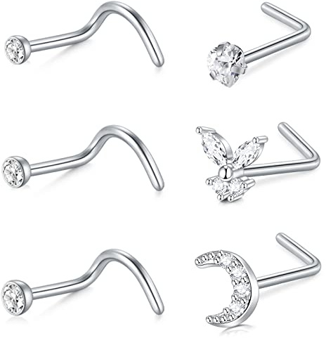 Crdifu 18G 7mm Nasenpiercing Stecker Silber Gold - 1mm Dünn Nasenstecker aus 316L Edelstahl Spirale L Form Gebogen - Nasen Piercing Stecker Glitzer Herz Stern - 6 bis 8 Stk. Nose Nostril Piercing Set
