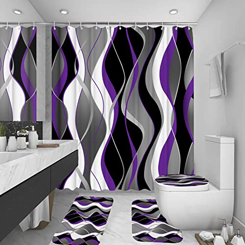 beifivcl 4-teiliges lila Duschvorhang-Set mit rutschfesten Teppichen, WC-Deckelbezug und Badematte, schwarz und grau, Badezimmer-Dekor-Set, wasserdichte Duschvorhänge mit 12 Haken, 183x183 cm