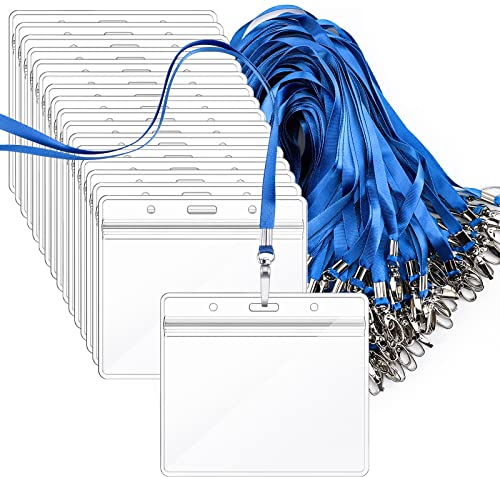 Segarty Lanyards with ID Holder, 100 Pack Horizontal Clear Plastic Badge Namensschilder Key Card Holder, Blue Strap Clips Waterproof Ziplock Nametag Protector for Women, Business, School, Office