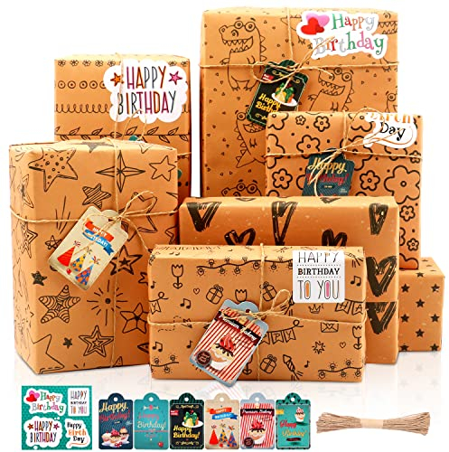 MAMUNU Geschenkpapier Geburtstag, 7Blatt Kraft Geschenkpapier Set mit Aufkleber Papierseil - Stern Dino Liebe- Geschenkpapier Kinder, Braun Geschenk Papier für alle Geburtstagsanlässe, 70x50 cm