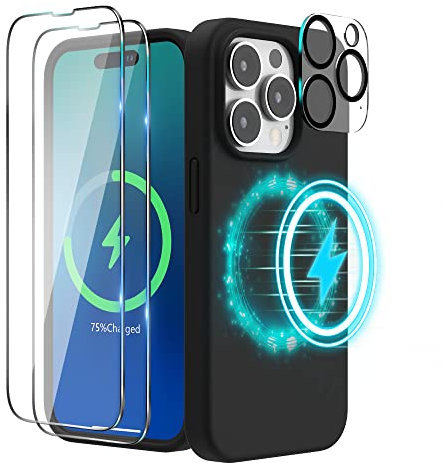 SURPHY Magnetic Case Designed for iPhone 14 Pro Max Case, Liquid Silicone with 2 Pack Screen Protector + 1 Pack Lens Protector, Compatible with MagSafe for iPhone 14 Pro Max 6.7 inch, Black