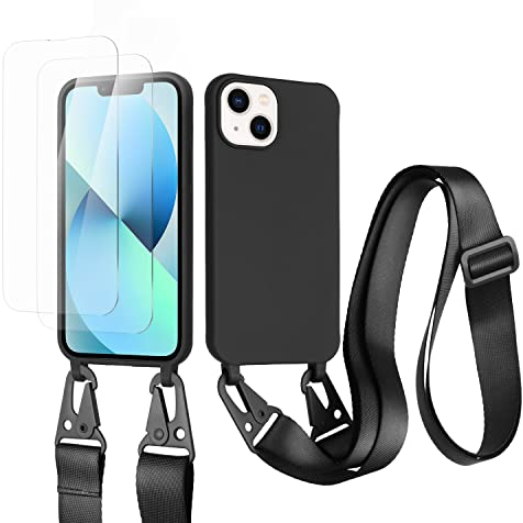 vrupin kompatibel mit iPhone 13 Handykette Hülle,[2 Stück Schutzfolie 9H Härte Gehärtete Folie].Necklace Hülle Nylon Schultergurt Weich Flüssiges Silikon-schwarz
