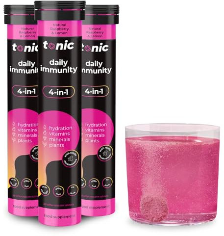 Tonic Health Daily Immunity Tablets - 4-in-1 Effervescent Multivitamins, Minerals & Phytonutrients - Vitamin D, Vitamin C and Zinc - Vegan, No Sugar- Max Strength Tablets, Raspberry & Lemon, 60 Count