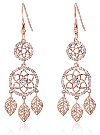 Meissa Boucles d'oreilles Bohème argent 925 Pendantes attrape-rêves pour femmes Boucles d'oreilles Fantaisie Longue Boucles d'oreilles artisanales Cadeaux d'anniversaire (Or rose)