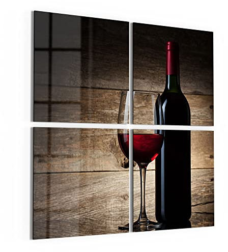 DEQORI Lot de 4 tableaux en verre acrylique - Motif bouteille de vin rouge et verre - Carré - 100 x 100 cm - Grande décoration XXL - Décoration murale pour salon, chambre à coucher, couloir et cuisine