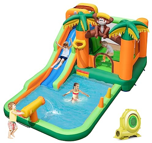 DREAMADE Aufblasbare Hüpfburg mit Gebläse, Wasserpark mit Langer Rutsche & Wasserbecken & Sprungbereich, 460 × 285 × 230cm Outdoor Wasserspielcenter, Wasserrutsche für Kinder ab 3 Jahre