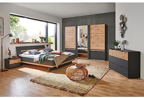 Schlafzimmer Komplett Set mit Bett 180x200, 3-türiger Schwebetürenschrank, 2 Nachttische, Kommode in Graphit mit Artisan Eiche Nb.