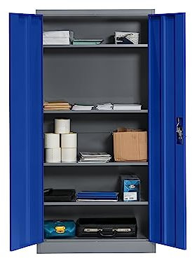 The Workplace Depot Small Metal Storage Cabinet – Reinforced Lockable Doors, Adjustable Shelves, Robust Office & Industrial Storage – 1850x900x450mm (Blue)