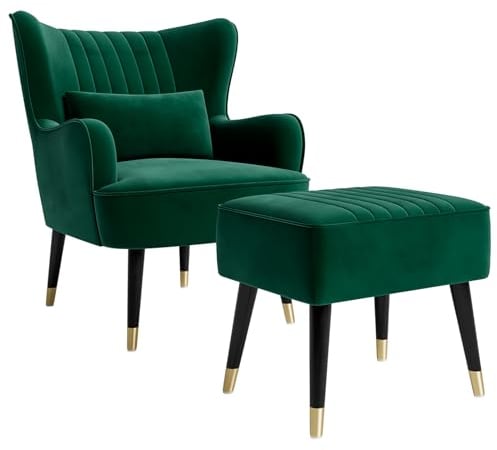 Vesgantti Velvet Armchair with Footstool and Lumbar Pillow, Modern Wing Back Accent Chair with Ottoman, Large Occasional Chair for Living Room Bedroom Study Room Office(Green)