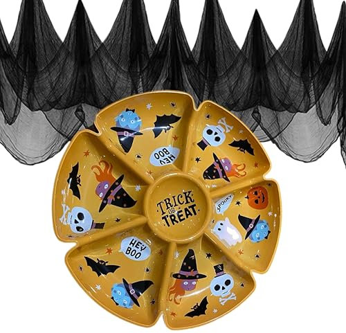 eBoutik - Spooky Multi Compartment Snack Bowl Platter with Creepy Cloth - Halloween Party Sweet Dish & Decor Themed Decoration Hard Plastic Lightweight Reusable Tablewear (Witch (Yellow))