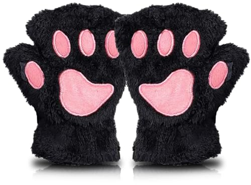 AffeGifts Cat Paw Gloves, Plush Fingerless Gloves Cute Half Finger Warm Winter Gloves Cat Cosplay Gloves for Women and Teenage girls (Black)