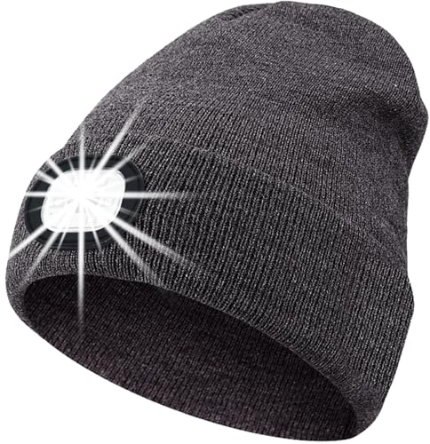 ZONSUSE Mütze mit 6 Led Licht,LED Winter Beanie,Beleuchtete Laufmütze,Strickmütze mit Stirnlampe,Abnehmbar,USB Aufladung, 3 Helligkeiten,für Herren Damen Nachtlauf Camping Reiten Angeln (Grau)