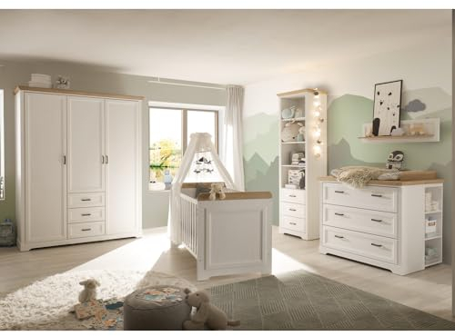 Lomadox Babyzimmer Set 5-teilig, Kleiderschrank, Gitterbett, Wickelkommode, Standregal, Wandboard, Landhausstil, Pine weiß mit Eiche