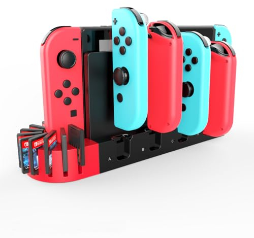 RREAKA Switch Controller Charger for Nintendo Switch/Switch OLED Model, Switch Charging Dock with 9 Game Card Slots Storage for Joycon Grip, 4 for Joy-Con Charger Stand with LED Indicator