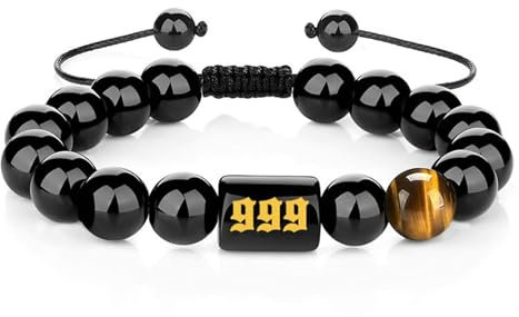 Bishilin Herren Armbänder Perlen, Perlenarmband Chakra Verstellbar 10MM Schwarz Onyx mit Zahl 999 Charms Armbänder Personalisiert