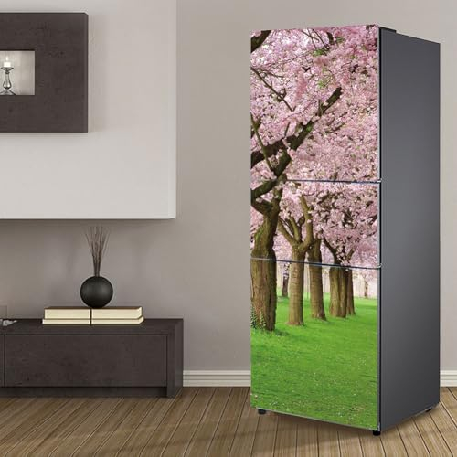 Fridge Wraps Kitchen Fridge Stickers Cover Full Doors, Fridge Sticker Full Covering Door Fridge Covers Skins Wall Stickers for Kitchen Decal, Pink Cherry Tree
