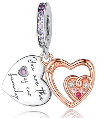 Rimgoris 925 Sterling Silber Charm für Damen-Armbänder und Halskette mit Familien-Mom-Rose, glitzernder Herz-Edelstein, 5A Zirkonia, Valentinstag, Geburtstag, Muttertag, Geschenk, Charms für Frauen