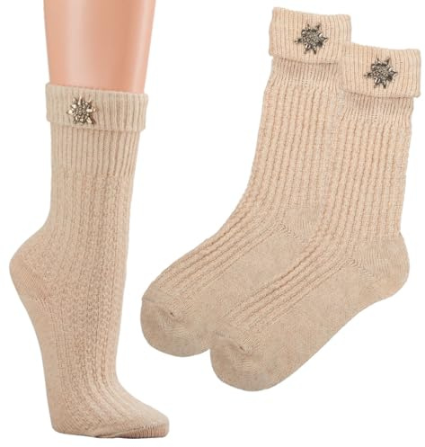 krautwear Herren Damen Kinder Trachtensocken Im Landhaus-Stil Mit Edelweiß-Pin Mit Leinen Beige 35-38 39-42 43-46
