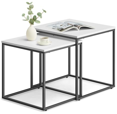 Home Collective Couchtisch 2er Set Quadratisch Beistelltisch Loft Design 2 in 1 Verschachtelung Kratzfeste Oberfläche, Wohnzimmer | 50cm und 45cm Breit weiß mit schwarzen Beinen