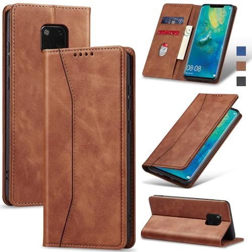 Jasonyu Handyhülle für Huawei Mate 20 Pro Hülle Leder Flip Klappbare Stoßfeste Magnetische Premium PU Leder Standfunktion Kartenfächern Schutzhülle Klapphülle für Mate 20 Pro,Braun