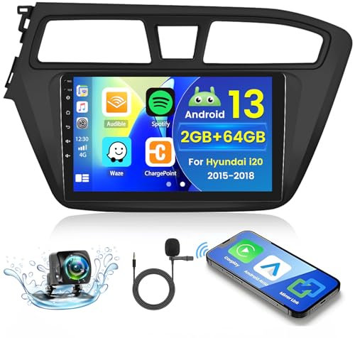 Hikity 2+64GB Android 15 Radio Coche para Hyundai i20 2015-2018 Radio Carplay Android Auto Inalámbrico, IPS 9 Pantalla Táctil con Cámara Trasera, Bluetooth Manos Libres, Navi GPS, DSP, EQ FM WiFi SWC