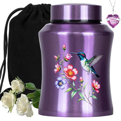 Purple Hummingbird Urns for Adult Male Female Ashes, Flower Cremation Urn for Ashes Up to 140 LBS, Decorative Keepsake Urn, Handmade Bird Funeral Urn