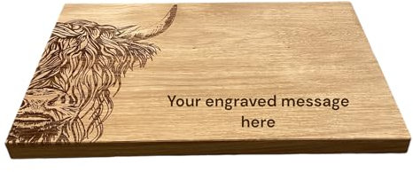 Personalised 30cm Solid Oak Highland Cow Rectangular Chopping Serving Board - Engraved with Any Message
